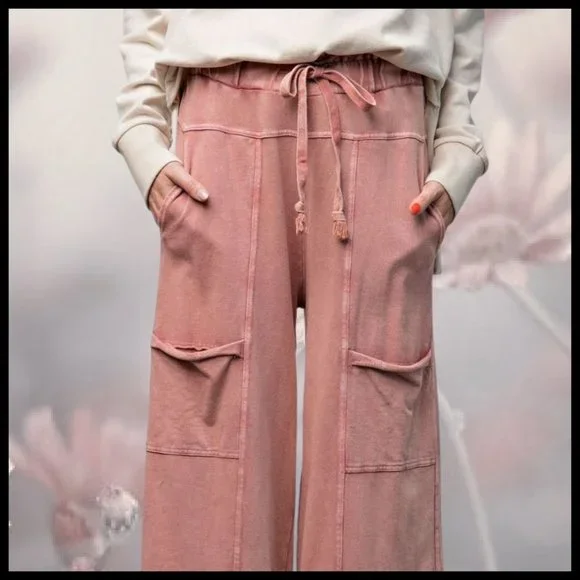 EASEL "Perfect Cargo" Terry Knit Mineral Washed Flared Leg Pants Raw Hem & Seams - Picture 14 of 14